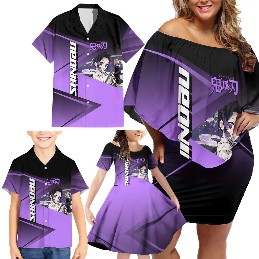 Shinobu Kocho Insect Rally Family Matching Off Shoulder Short Dress and Hawaiian Shirt Sporty Anime Mashup Style
