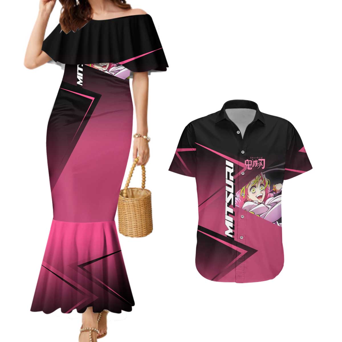 Mitsuri Kanroji Love Volley Couples Matching Mermaid Dress and Hawaiian Shirt Sporty Anime Mashup Style