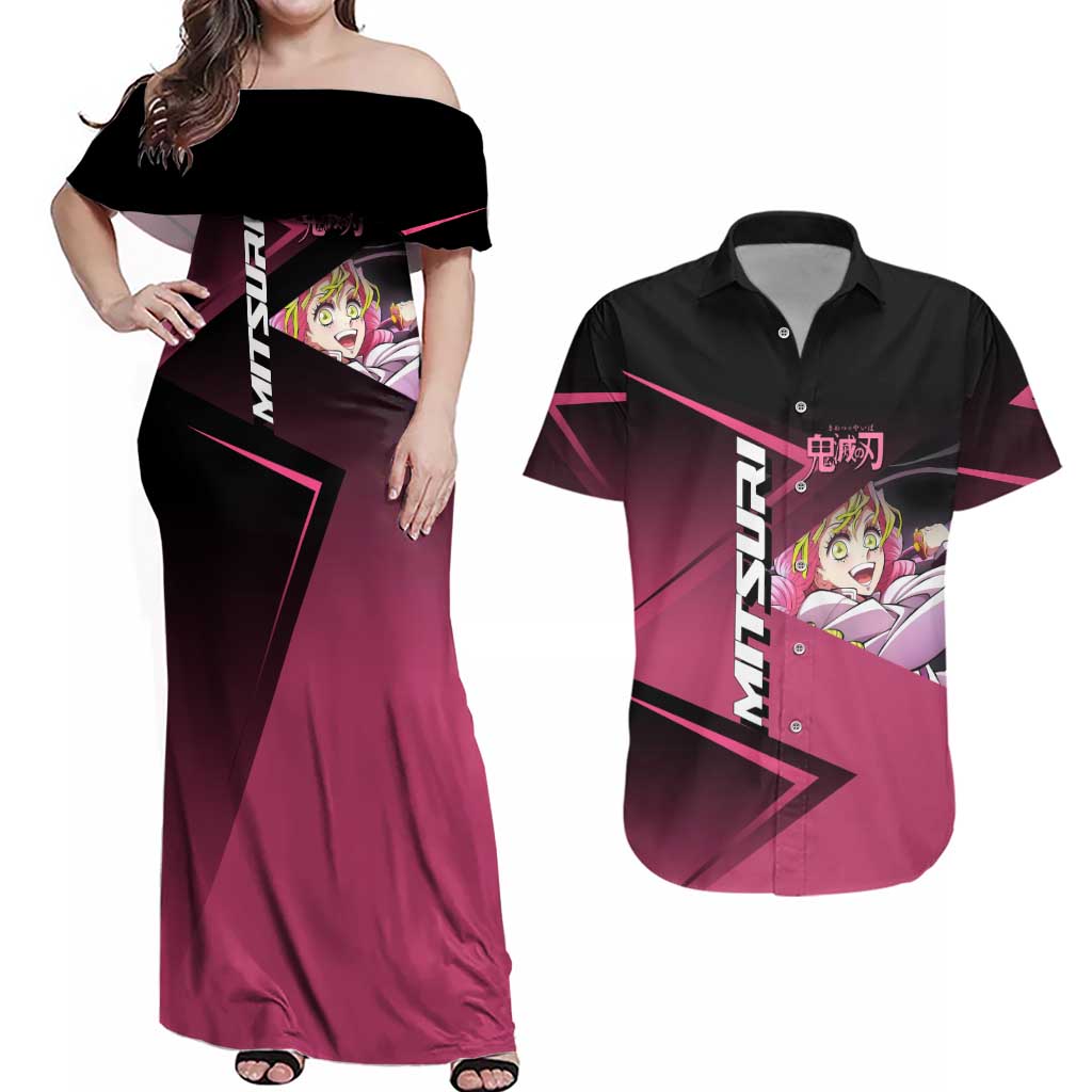 Mitsuri Kanroji Love Volley Couples Matching Off Shoulder Maxi Dress and Hawaiian Shirt Sporty Anime Mashup Style