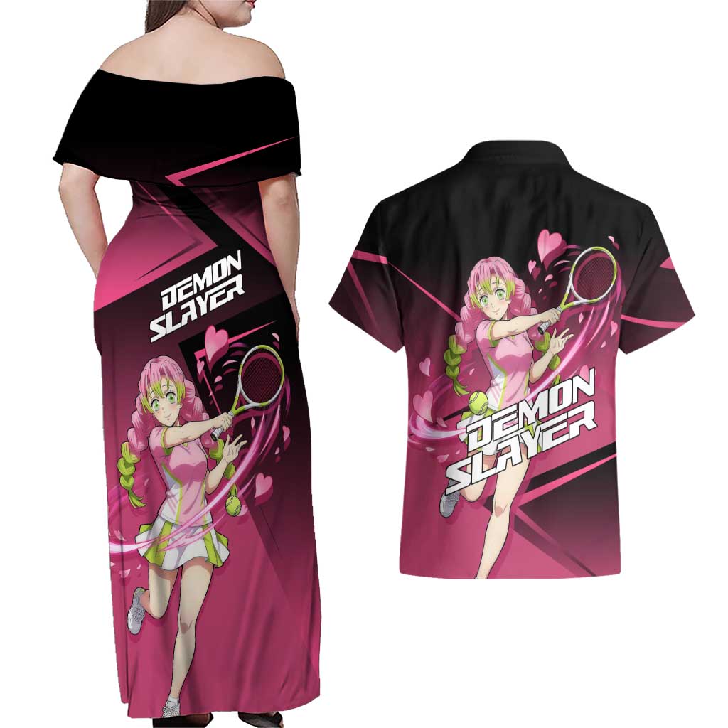 Mitsuri Kanroji Love Volley Couples Matching Off Shoulder Maxi Dress and Hawaiian Shirt Sporty Anime Mashup Style