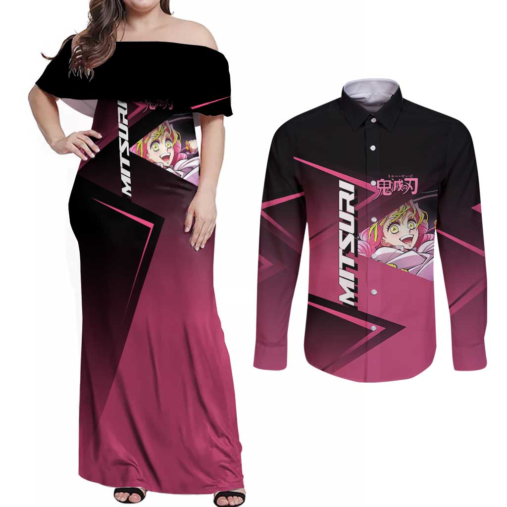 Mitsuri Kanroji Love Volley Couples Matching Off Shoulder Maxi Dress and Long Sleeve Button Shirt Sporty Anime Mashup Style