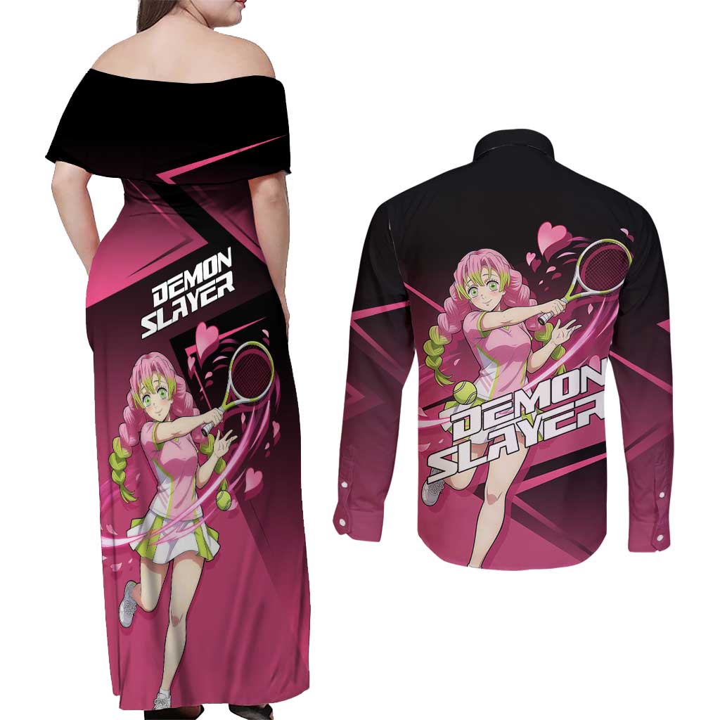 Mitsuri Kanroji Love Volley Couples Matching Off Shoulder Maxi Dress and Long Sleeve Button Shirt Sporty Anime Mashup Style