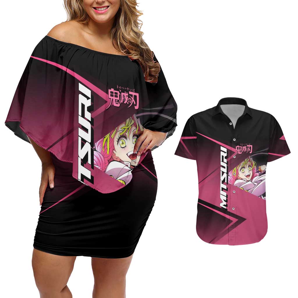 Mitsuri Kanroji Love Volley Couples Matching Off Shoulder Short Dress and Hawaiian Shirt Sporty Anime Mashup Style