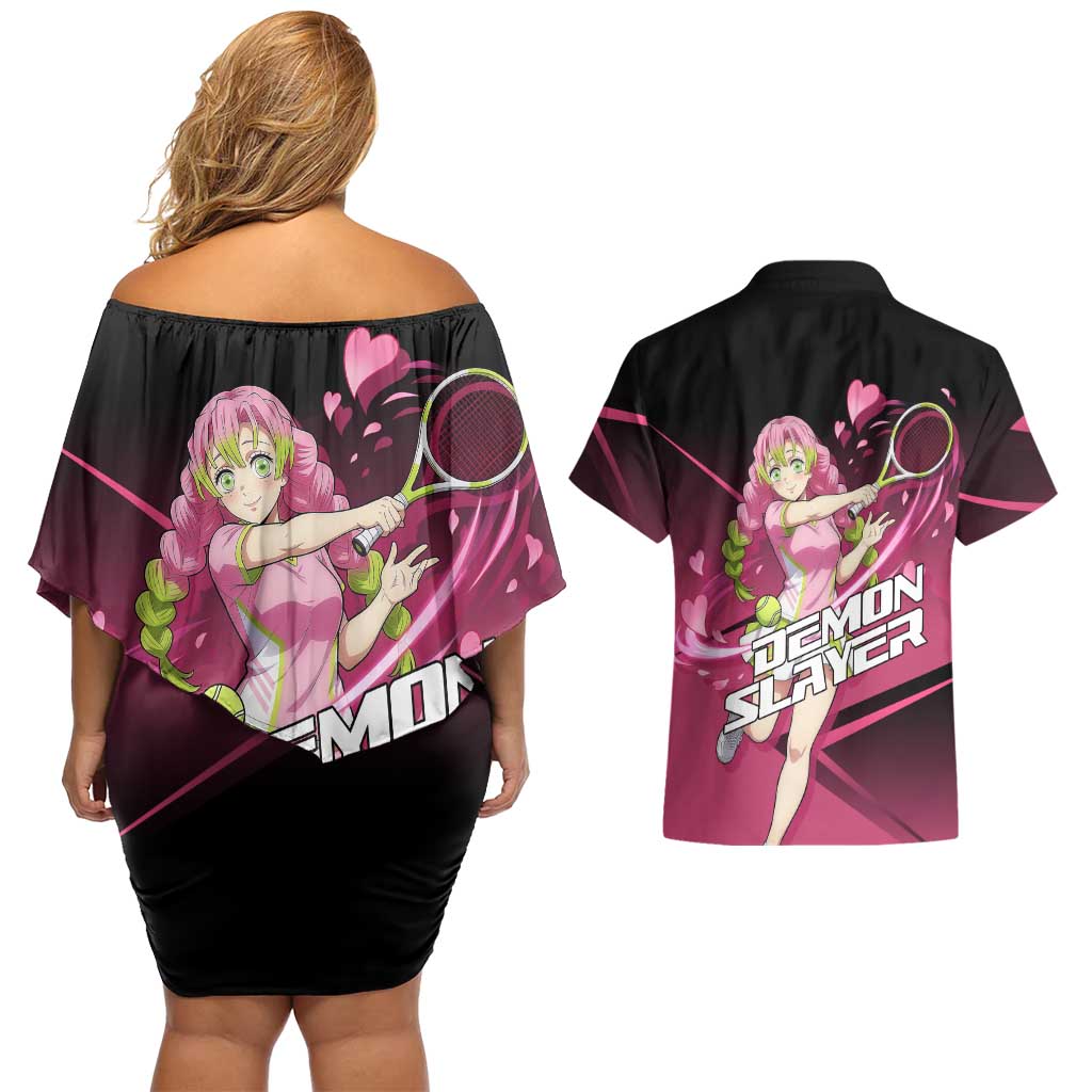 Mitsuri Kanroji Love Volley Couples Matching Off Shoulder Short Dress and Hawaiian Shirt Sporty Anime Mashup Style