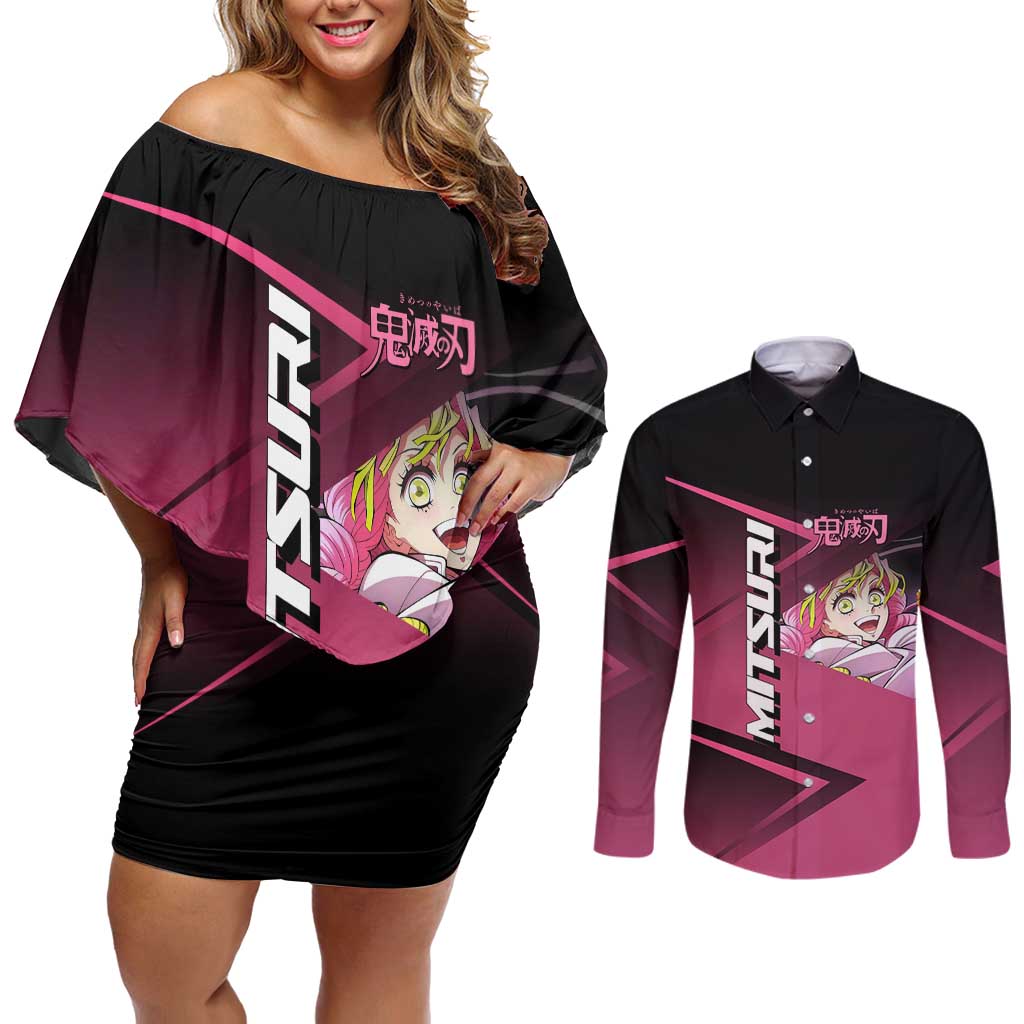 Mitsuri Kanroji Love Volley Couples Matching Off Shoulder Short Dress and Long Sleeve Button Shirt Sporty Anime Mashup Style