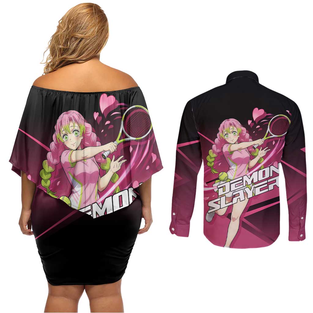 Mitsuri Kanroji Love Volley Couples Matching Off Shoulder Short Dress and Long Sleeve Button Shirt Sporty Anime Mashup Style