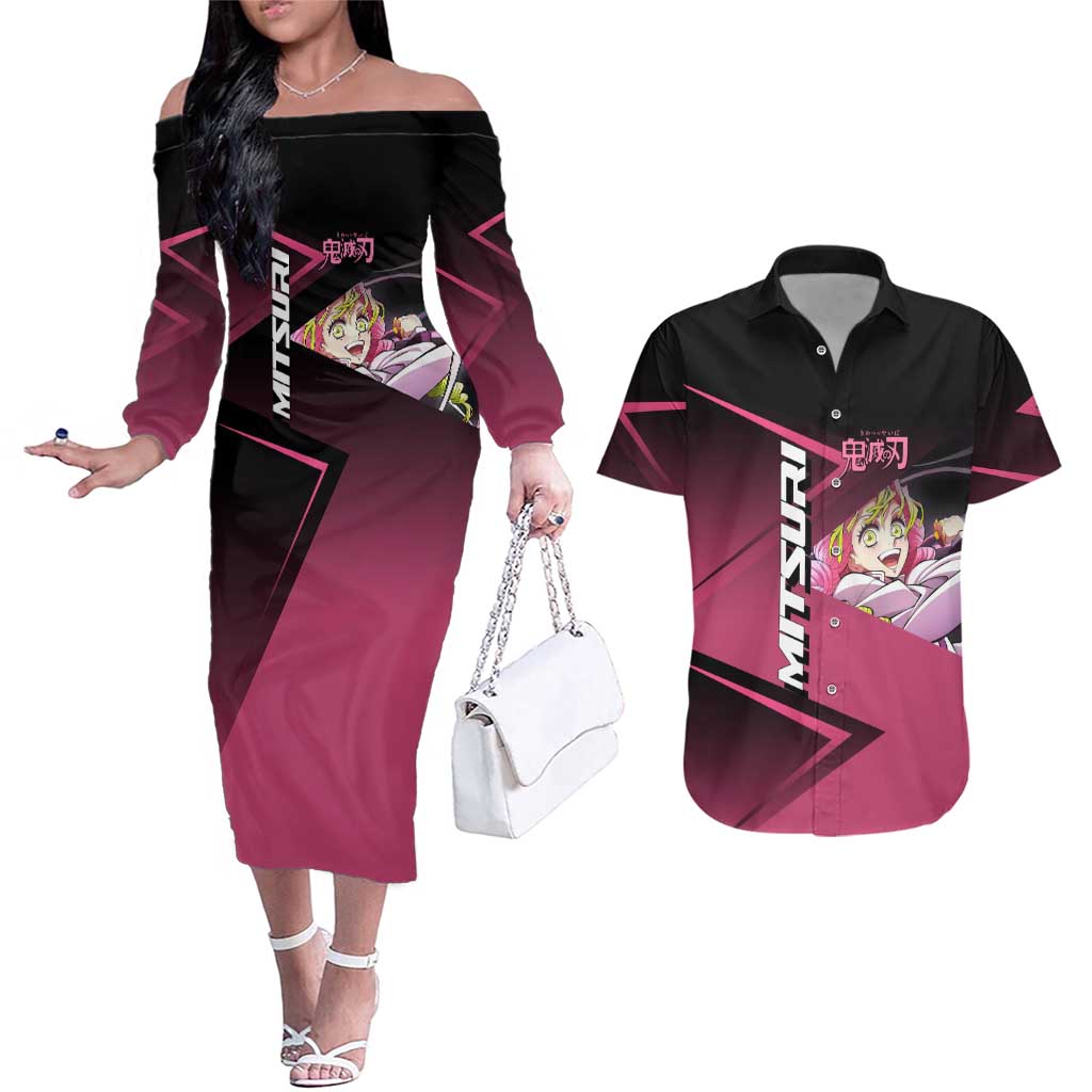 Mitsuri Kanroji Love Volley Couples Matching Off The Shoulder Long Sleeve Dress and Hawaiian Shirt Sporty Anime Mashup Style