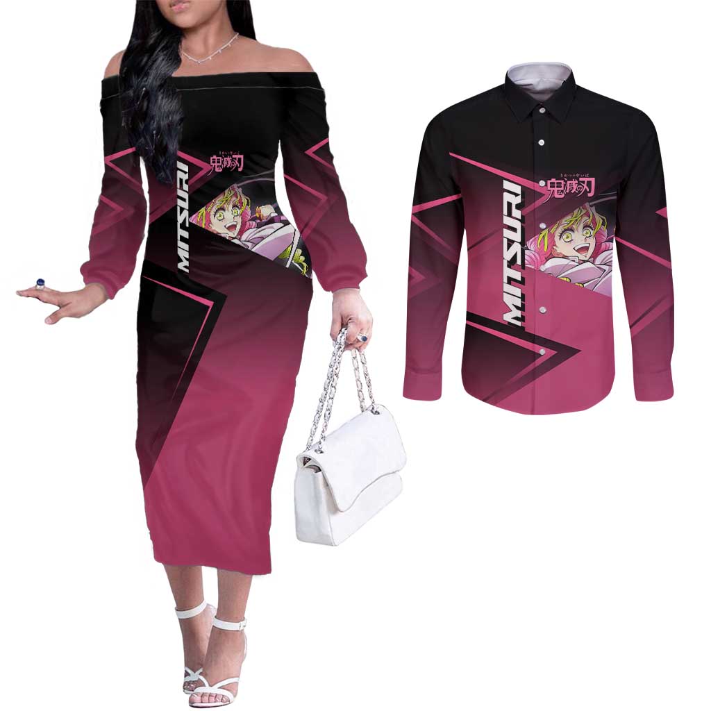 Mitsuri Kanroji Love Volley Couples Matching Off The Shoulder Long Sleeve Dress and Long Sleeve Button Shirt Sporty Anime Mashup Style