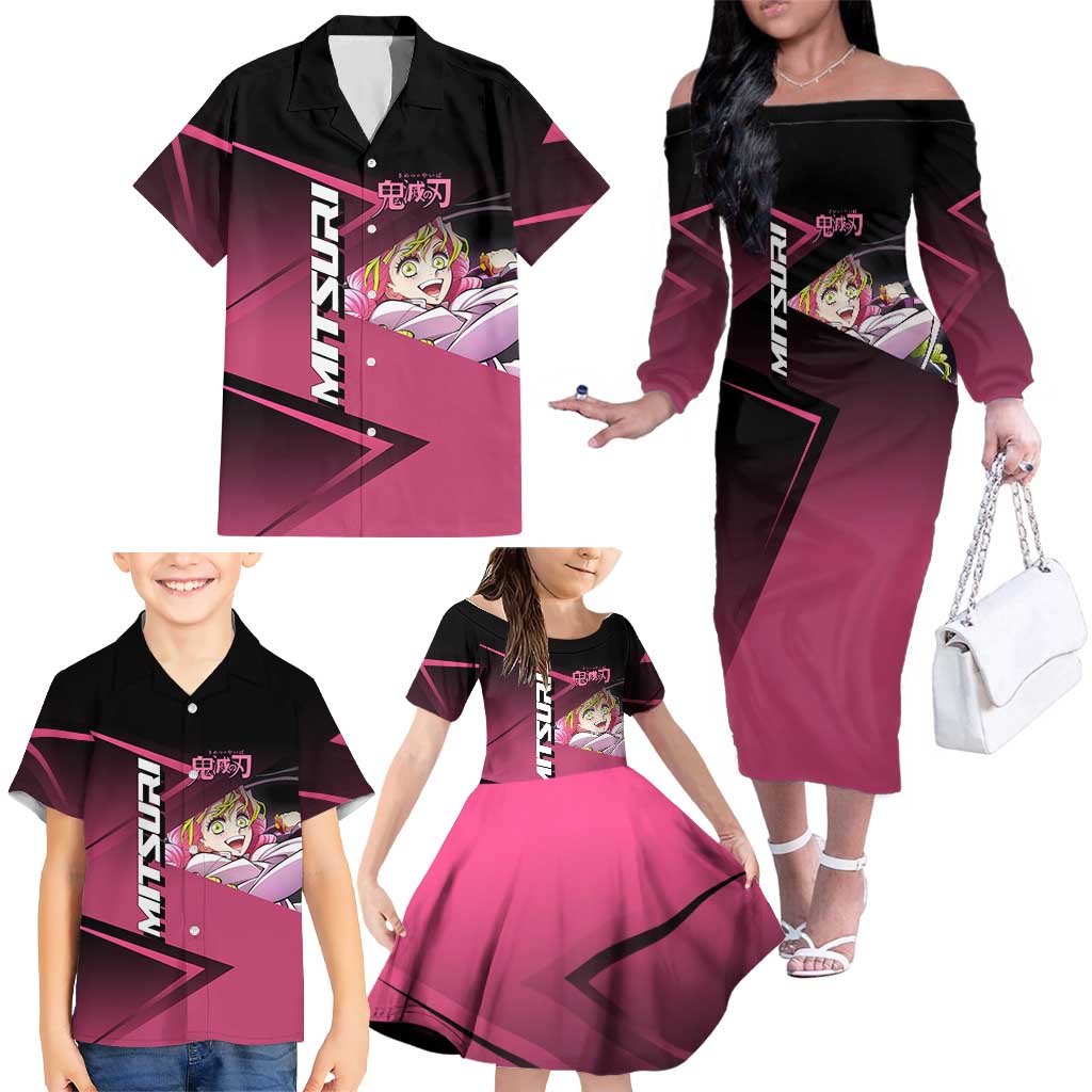 Mitsuri Kanroji Love Volley Family Matching Off The Shoulder Long Sleeve Dress and Hawaiian Shirt Sporty Anime Mashup Style