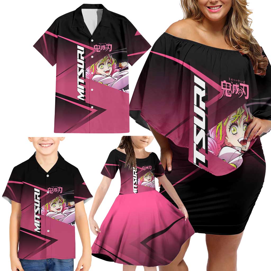 Mitsuri Kanroji Love Volley Family Matching Off Shoulder Short Dress and Hawaiian Shirt Sporty Anime Mashup Style