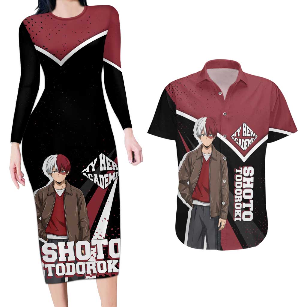Shoto Todoroki My Hero Academia Couples Matching Long Sleeve Bodycon Dress and Hawaiian Shirt Anime Grunge Splatter Graphic Style