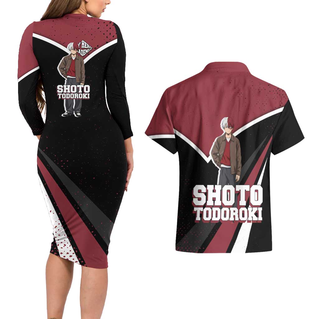 Shoto Todoroki My Hero Academia Couples Matching Long Sleeve Bodycon Dress and Hawaiian Shirt Anime Grunge Splatter Graphic Style