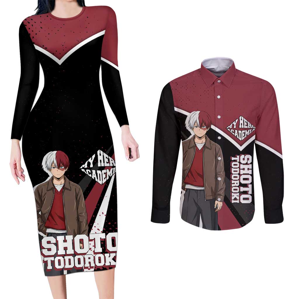 Shoto Todoroki My Hero Academia Couples Matching Long Sleeve Bodycon Dress and Long Sleeve Button Shirt Anime Grunge Splatter Graphic Style