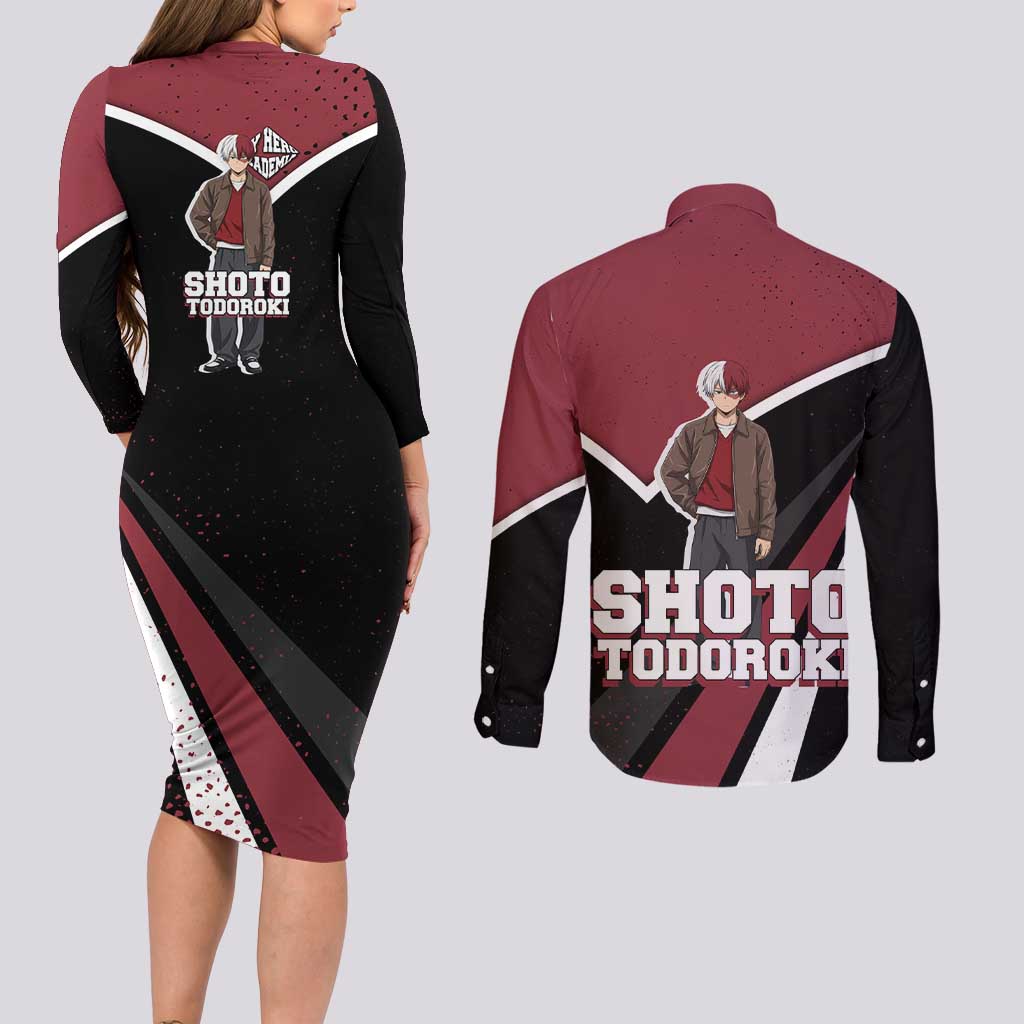 Shoto Todoroki My Hero Academia Couples Matching Long Sleeve Bodycon Dress and Long Sleeve Button Shirt Anime Grunge Splatter Graphic Style
