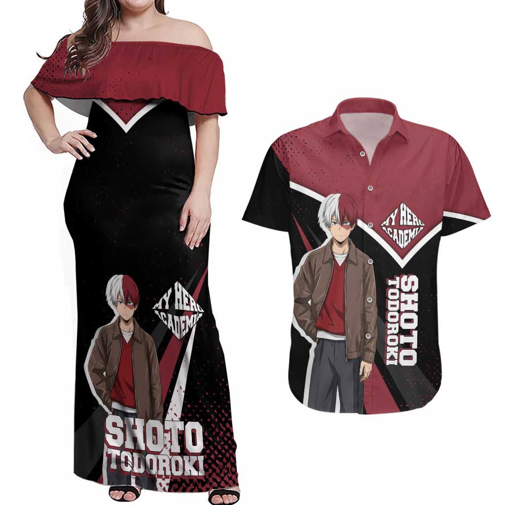 Shoto Todoroki My Hero Academia Couples Matching Off Shoulder Maxi Dress and Hawaiian Shirt Anime Grunge Splatter Graphic Style