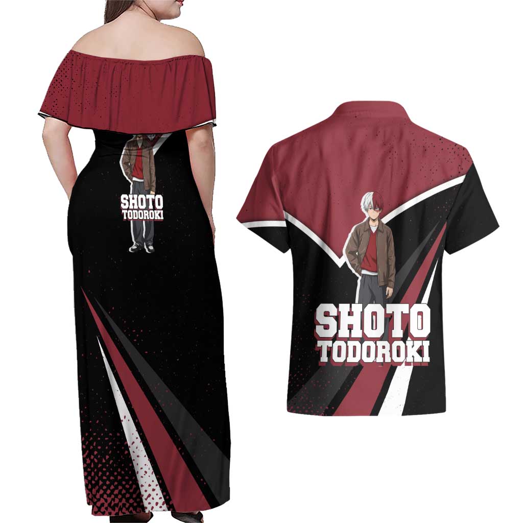 Shoto Todoroki My Hero Academia Couples Matching Off Shoulder Maxi Dress and Hawaiian Shirt Anime Grunge Splatter Graphic Style