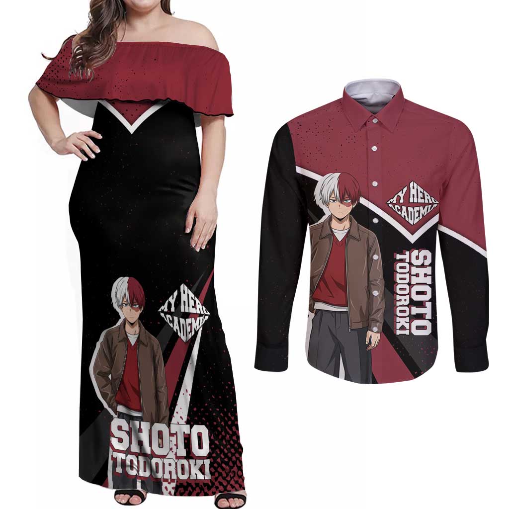 Shoto Todoroki My Hero Academia Couples Matching Off Shoulder Maxi Dress and Long Sleeve Button Shirt Anime Grunge Splatter Graphic Style