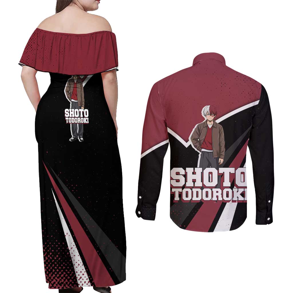 Shoto Todoroki My Hero Academia Couples Matching Off Shoulder Maxi Dress and Long Sleeve Button Shirt Anime Grunge Splatter Graphic Style