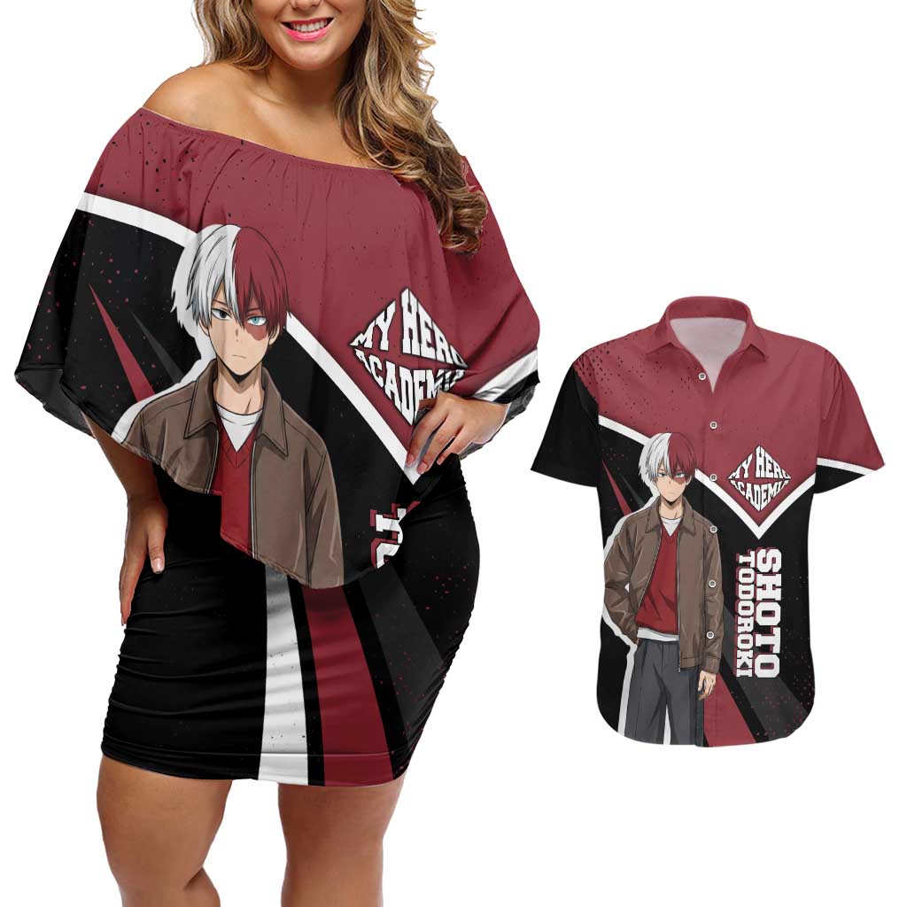 Shoto Todoroki My Hero Academia Couples Matching Off Shoulder Short Dress and Hawaiian Shirt Anime Grunge Splatter Graphic Style