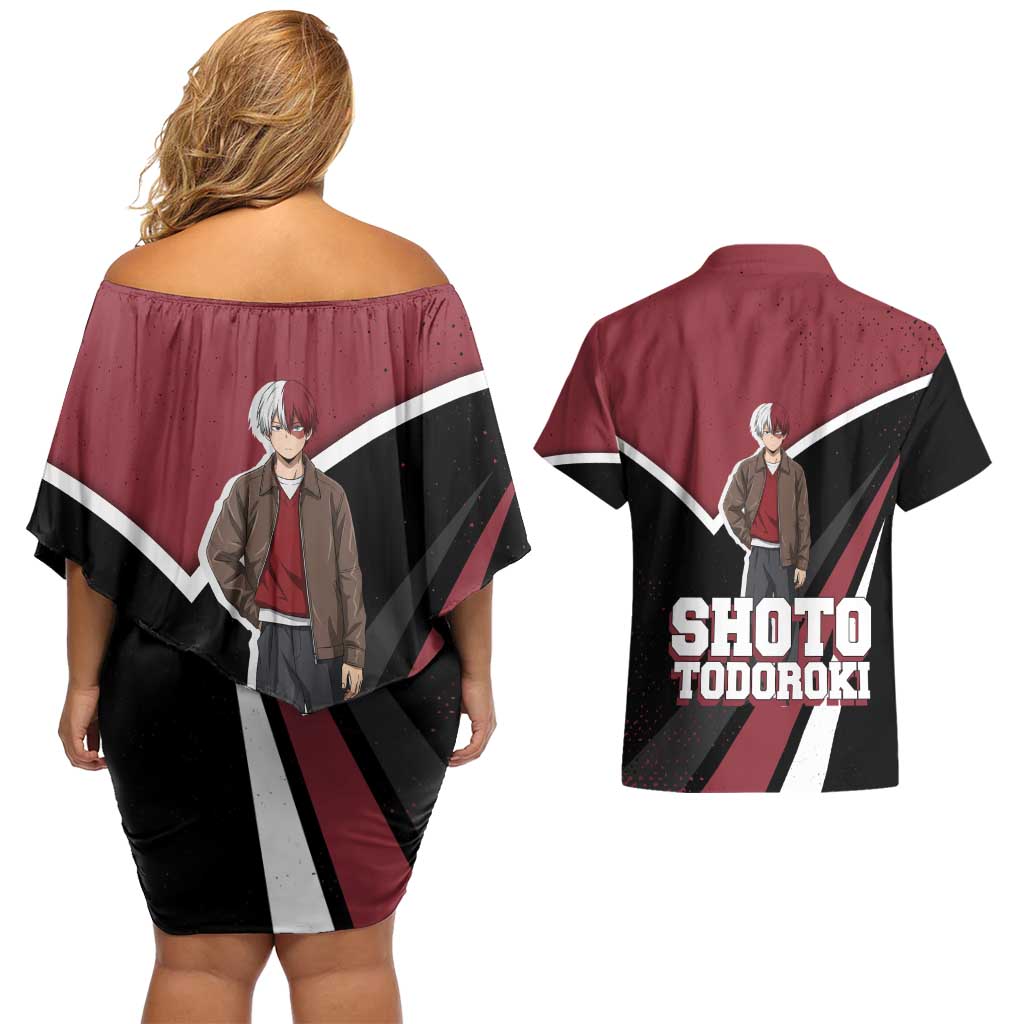 Shoto Todoroki My Hero Academia Couples Matching Off Shoulder Short Dress and Hawaiian Shirt Anime Grunge Splatter Graphic Style