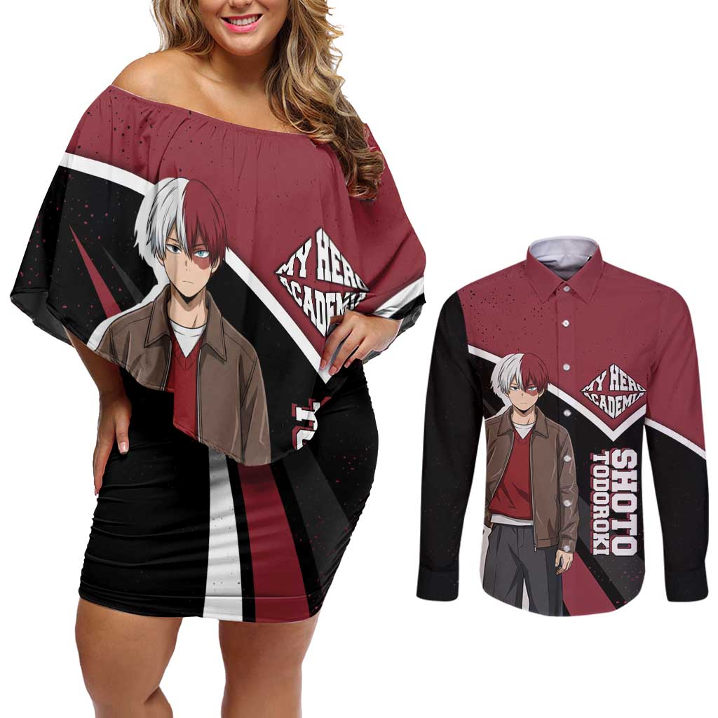 Shoto Todoroki My Hero Academia Couples Matching Off Shoulder Short Dress and Long Sleeve Button Shirt Anime Grunge Splatter Graphic Style