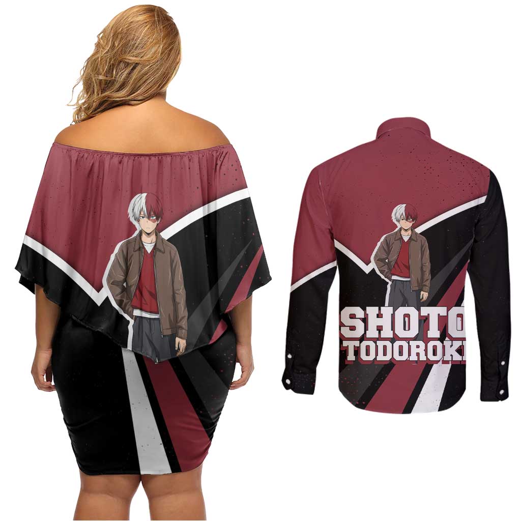 Shoto Todoroki My Hero Academia Couples Matching Off Shoulder Short Dress and Long Sleeve Button Shirt Anime Grunge Splatter Graphic Style