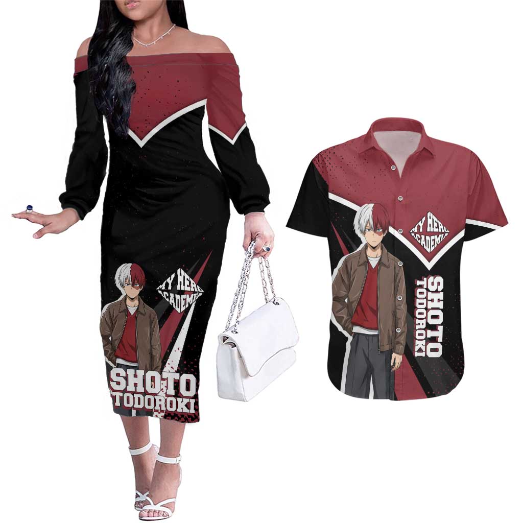 Shoto Todoroki My Hero Academia Couples Matching Off The Shoulder Long Sleeve Dress and Hawaiian Shirt Anime Grunge Splatter Graphic Style