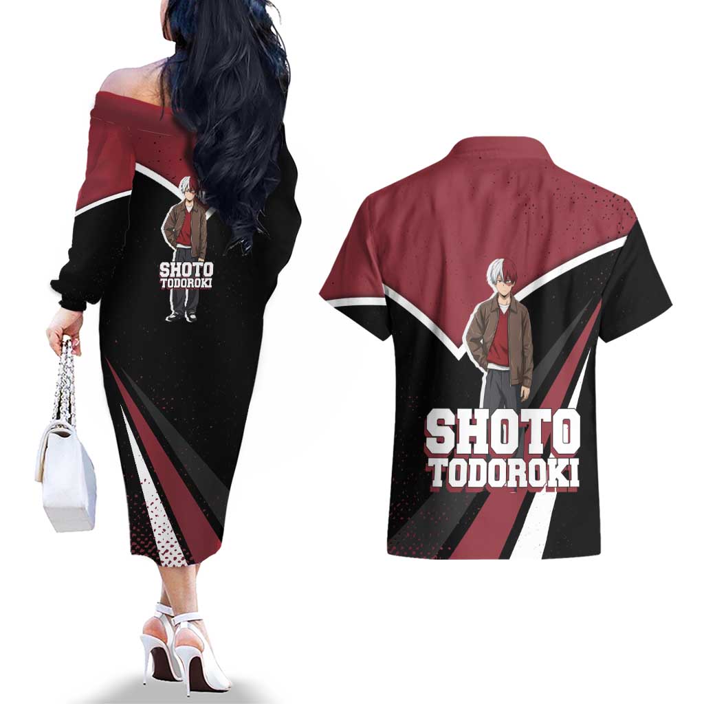 Shoto Todoroki My Hero Academia Couples Matching Off The Shoulder Long Sleeve Dress and Hawaiian Shirt Anime Grunge Splatter Graphic Style