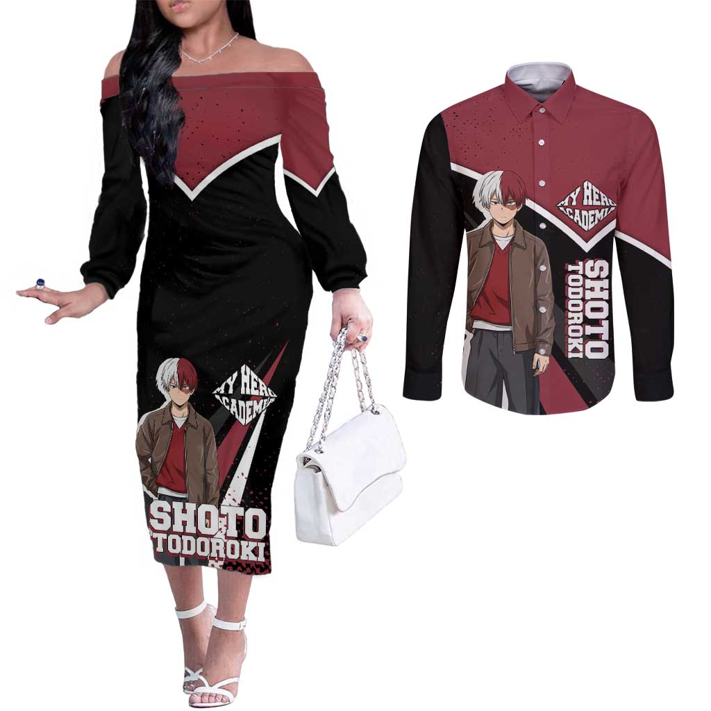 Shoto Todoroki My Hero Academia Couples Matching Off The Shoulder Long Sleeve Dress and Long Sleeve Button Shirt Anime Grunge Splatter Graphic Style