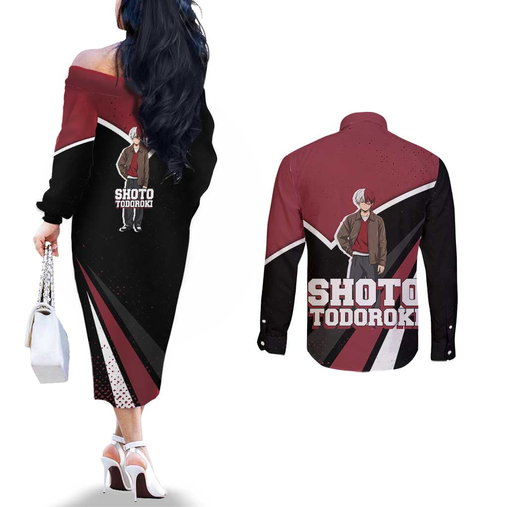 Shoto Todoroki My Hero Academia Couples Matching Off The Shoulder Long Sleeve Dress and Long Sleeve Button Shirt Anime Grunge Splatter Graphic Style