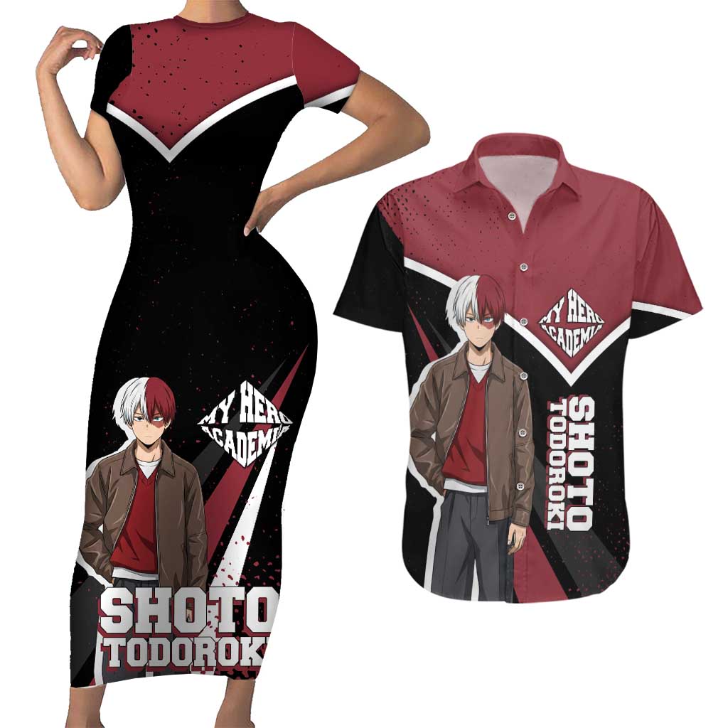 Shoto Todoroki My Hero Academia Couples Matching Short Sleeve Bodycon Dress and Hawaiian Shirt Anime Grunge Splatter Graphic Style