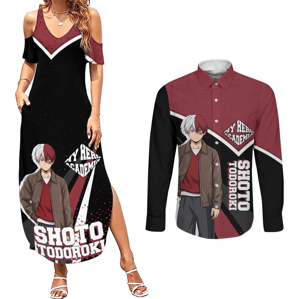 Shoto Todoroki My Hero Academia Couples Matching Summer Maxi Dress and Long Sleeve Button Shirt Anime Grunge Splatter Graphic Style