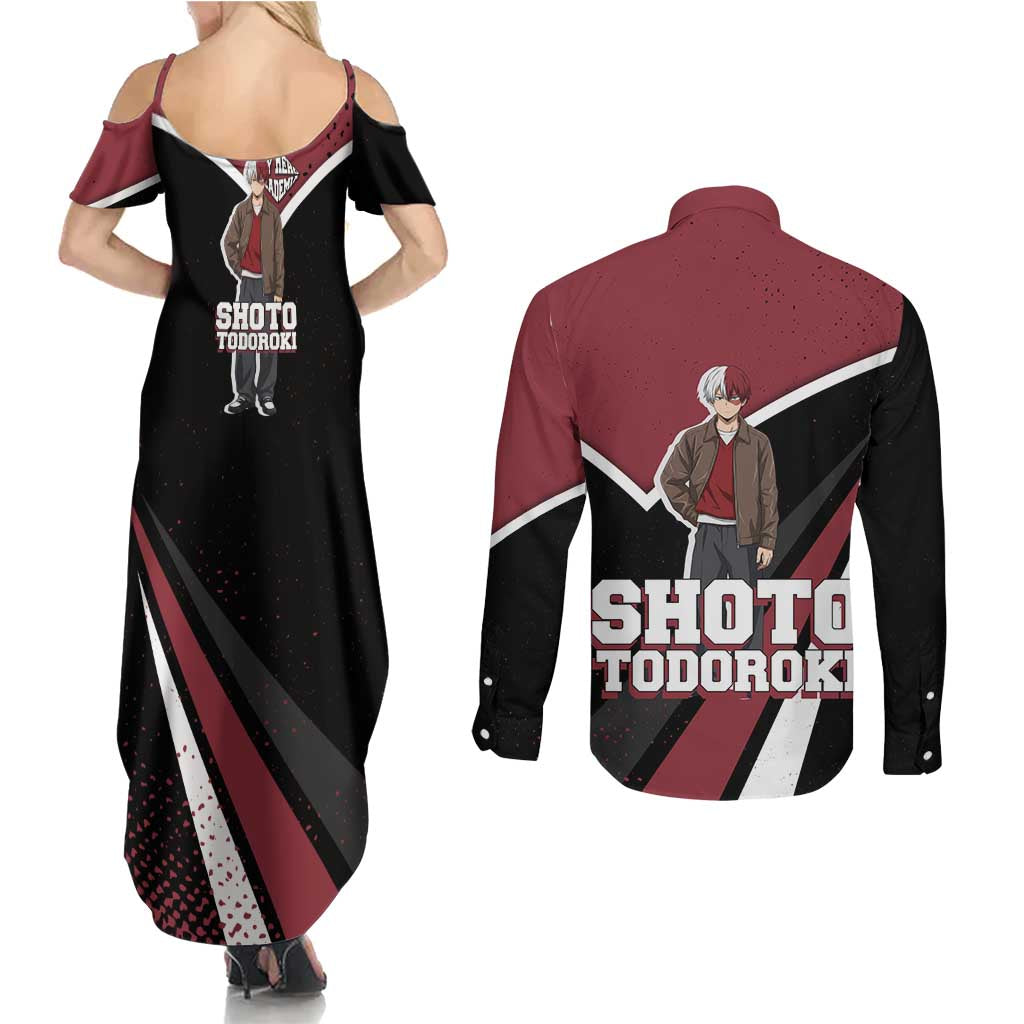 Shoto Todoroki My Hero Academia Couples Matching Summer Maxi Dress and Long Sleeve Button Shirt Anime Grunge Splatter Graphic Style