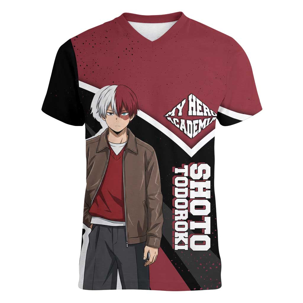 Shoto Todoroki My Hero Academia Women V-Neck T-Shirt Anime Grunge Splatter Graphic Style