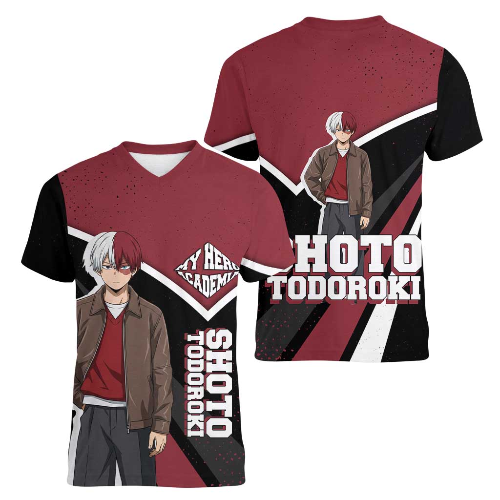 Shoto Todoroki My Hero Academia Women V-Neck T-Shirt Anime Grunge Splatter Graphic Style
