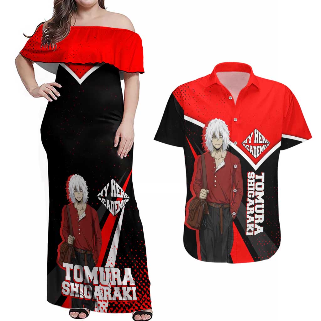 Tomura Shigaraki My Hero Academia Couples Matching Off Shoulder Maxi Dress and Hawaiian Shirt Anime Grunge Splatter Graphic Style