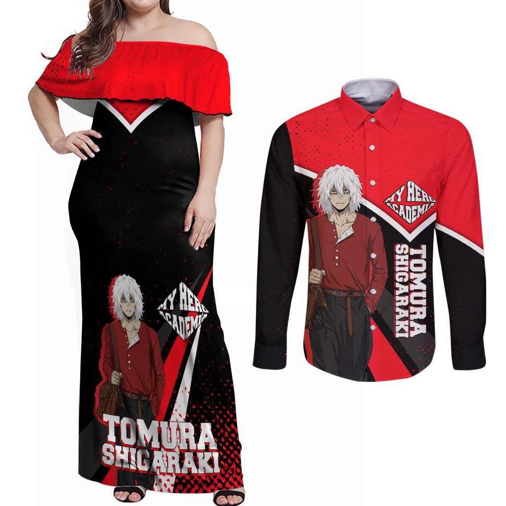 Tomura Shigaraki My Hero Academia Couples Matching Off Shoulder Maxi Dress and Long Sleeve Button Shirt Anime Grunge Splatter Graphic Style