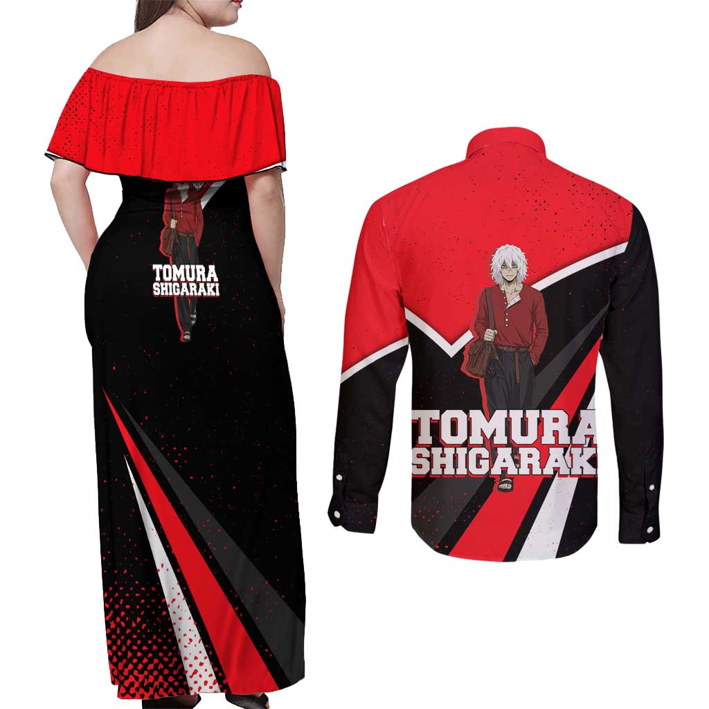 Tomura Shigaraki My Hero Academia Couples Matching Off Shoulder Maxi Dress and Long Sleeve Button Shirt Anime Grunge Splatter Graphic Style