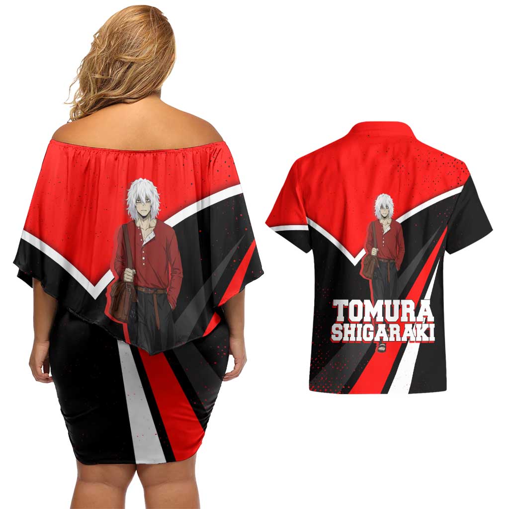 Tomura Shigaraki My Hero Academia Couples Matching Off Shoulder Short Dress and Hawaiian Shirt Anime Grunge Splatter Graphic Style
