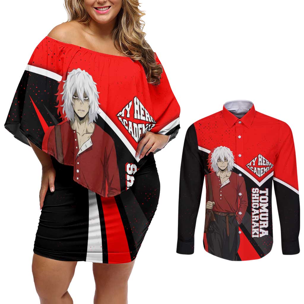 Tomura Shigaraki My Hero Academia Couples Matching Off Shoulder Short Dress and Long Sleeve Button Shirt Anime Grunge Splatter Graphic Style