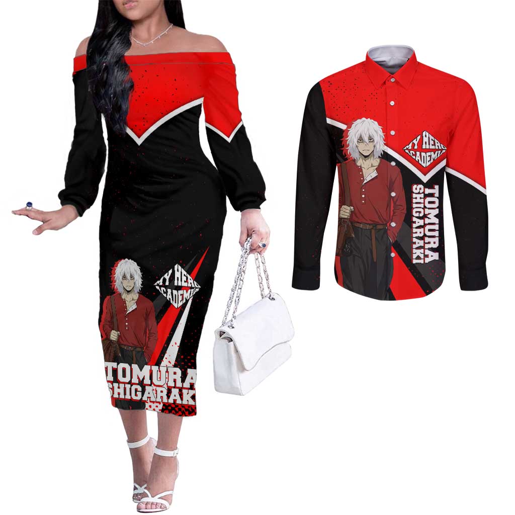 Tomura Shigaraki My Hero Academia Couples Matching Off The Shoulder Long Sleeve Dress and Long Sleeve Button Shirt Anime Grunge Splatter Graphic Style