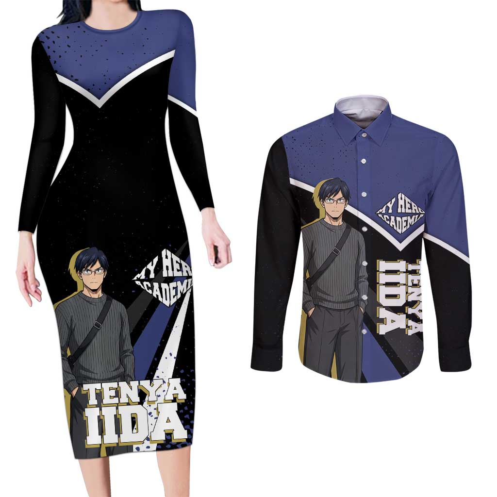 Tenya Iida My Hero Academia Couples Matching Long Sleeve Bodycon Dress and Long Sleeve Button Shirt Anime Grunge Splatter Graphic Style