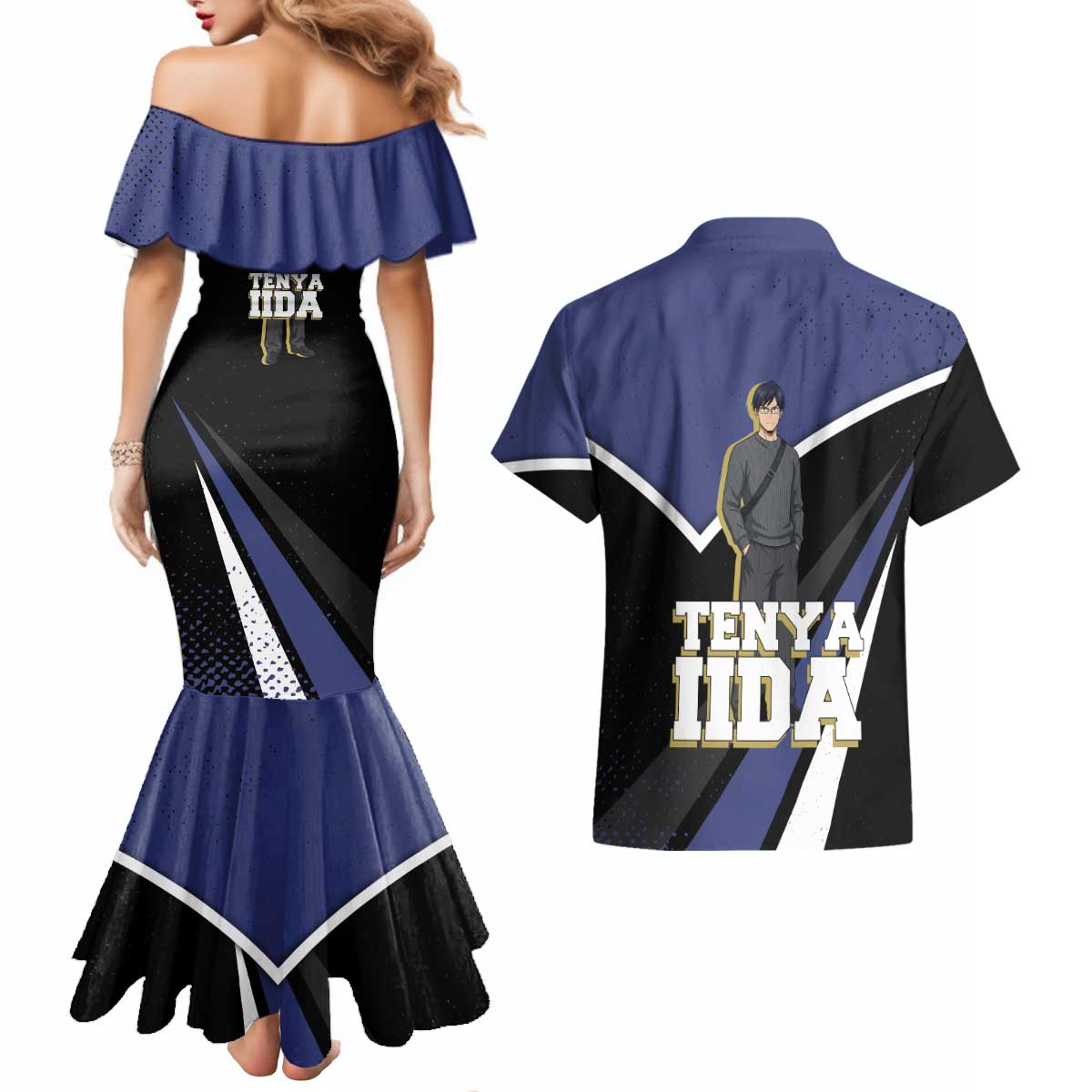 Tenya Iida My Hero Academia Couples Matching Mermaid Dress and Hawaiian Shirt Anime Grunge Splatter Graphic Style