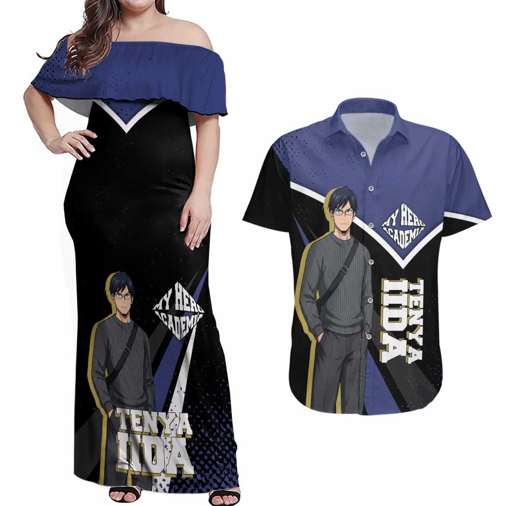 Tenya Iida My Hero Academia Couples Matching Off Shoulder Maxi Dress and Hawaiian Shirt Anime Grunge Splatter Graphic Style