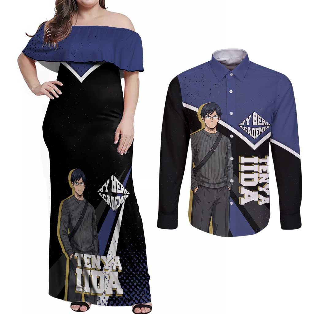 Tenya Iida My Hero Academia Couples Matching Off Shoulder Maxi Dress and Long Sleeve Button Shirt Anime Grunge Splatter Graphic Style