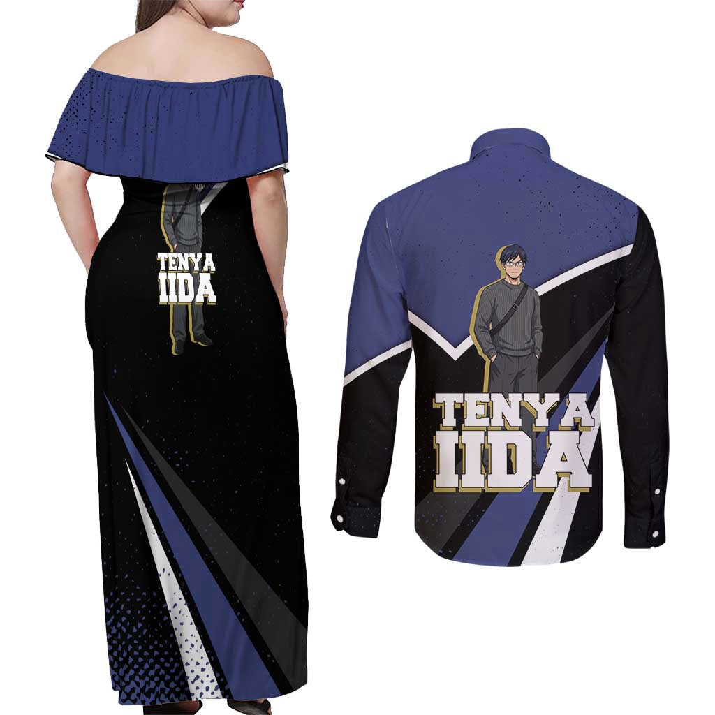 Tenya Iida My Hero Academia Couples Matching Off Shoulder Maxi Dress and Long Sleeve Button Shirt Anime Grunge Splatter Graphic Style