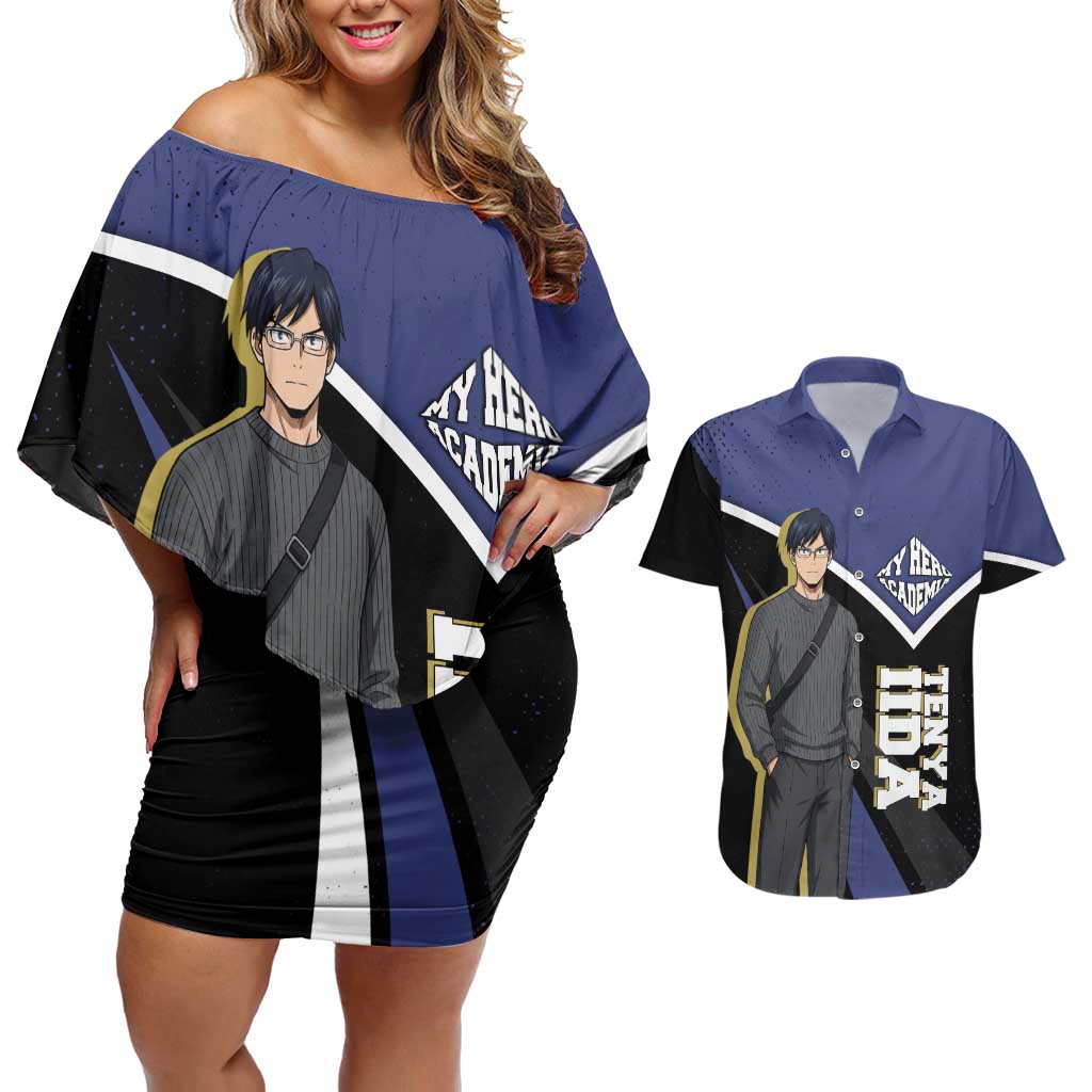 Tenya Iida My Hero Academia Couples Matching Off Shoulder Short Dress and Hawaiian Shirt Anime Grunge Splatter Graphic Style