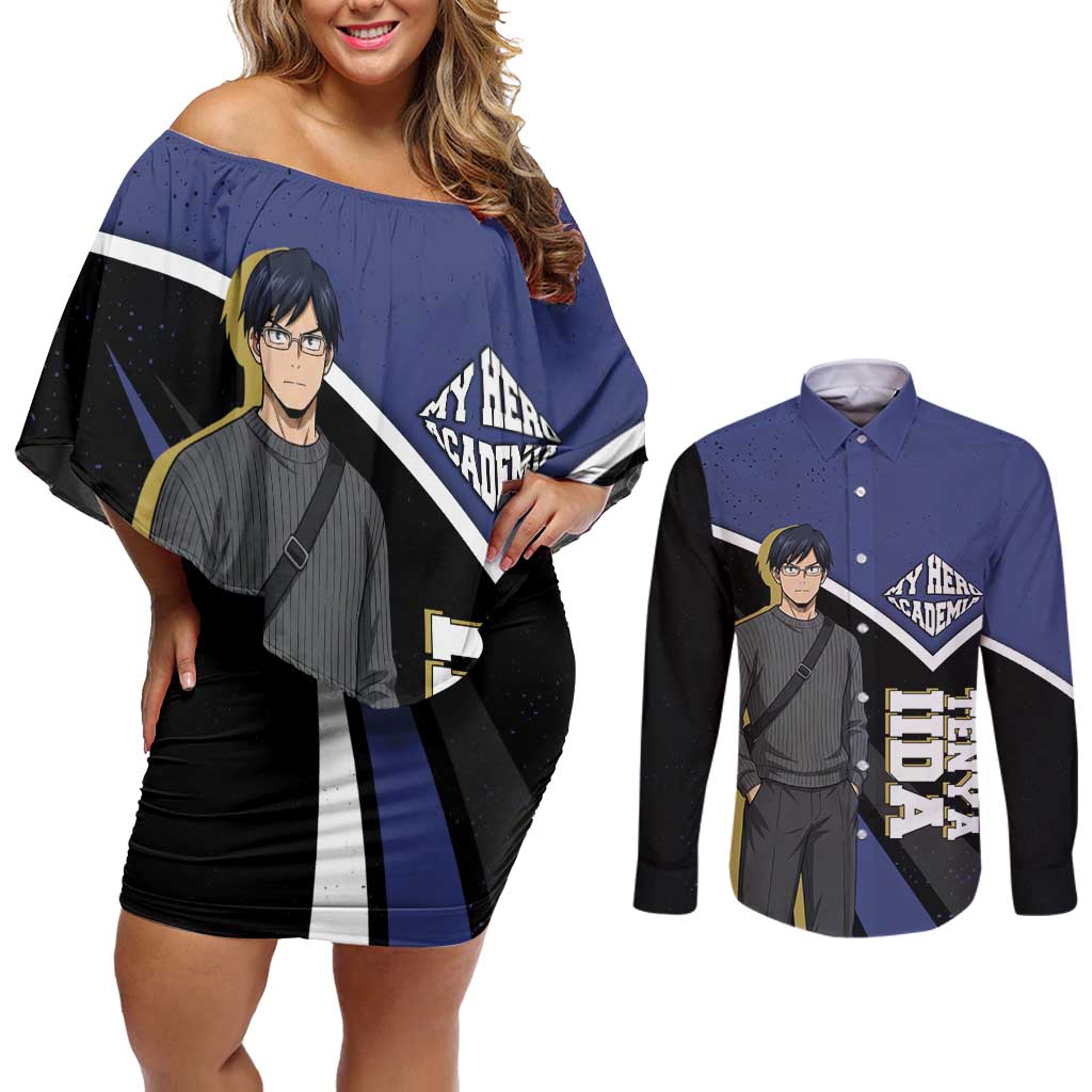 Tenya Iida My Hero Academia Couples Matching Off Shoulder Short Dress and Long Sleeve Button Shirt Anime Grunge Splatter Graphic Style