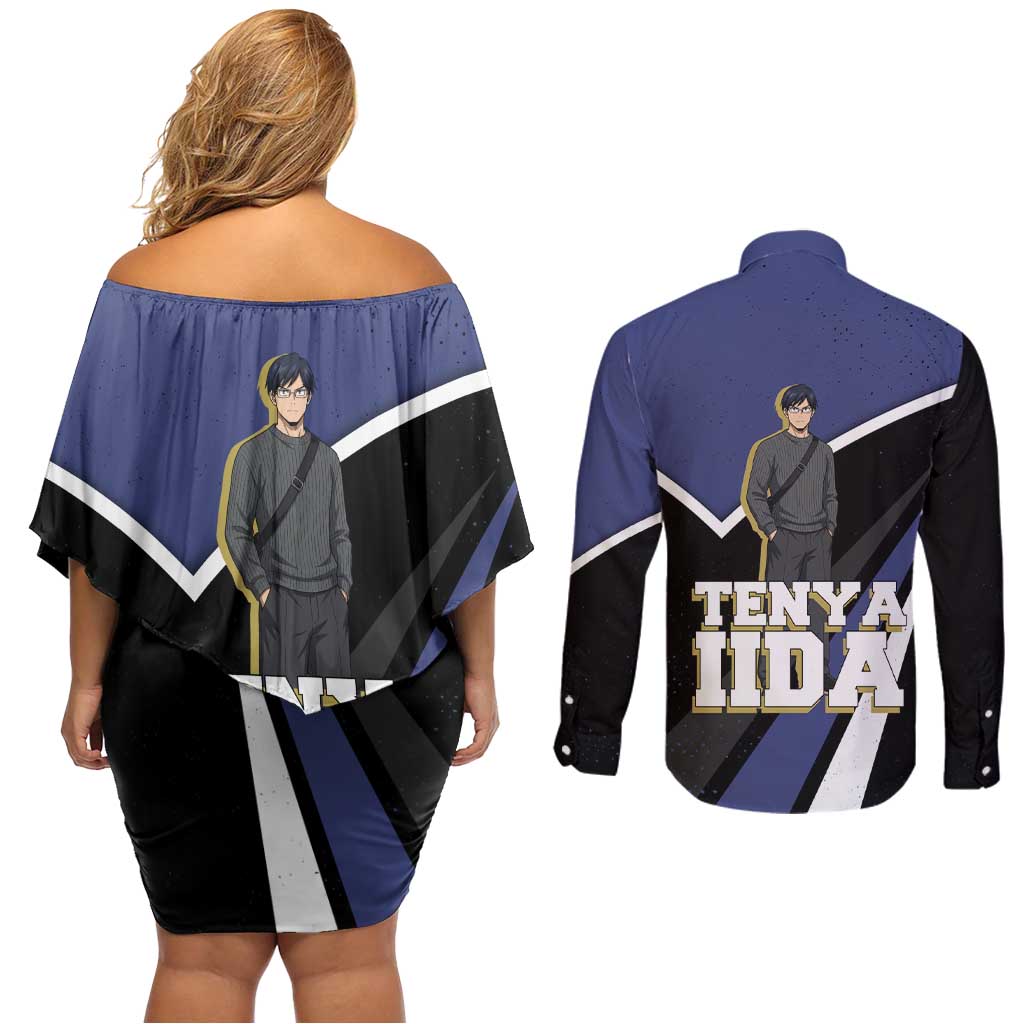 Tenya Iida My Hero Academia Couples Matching Off Shoulder Short Dress and Long Sleeve Button Shirt Anime Grunge Splatter Graphic Style