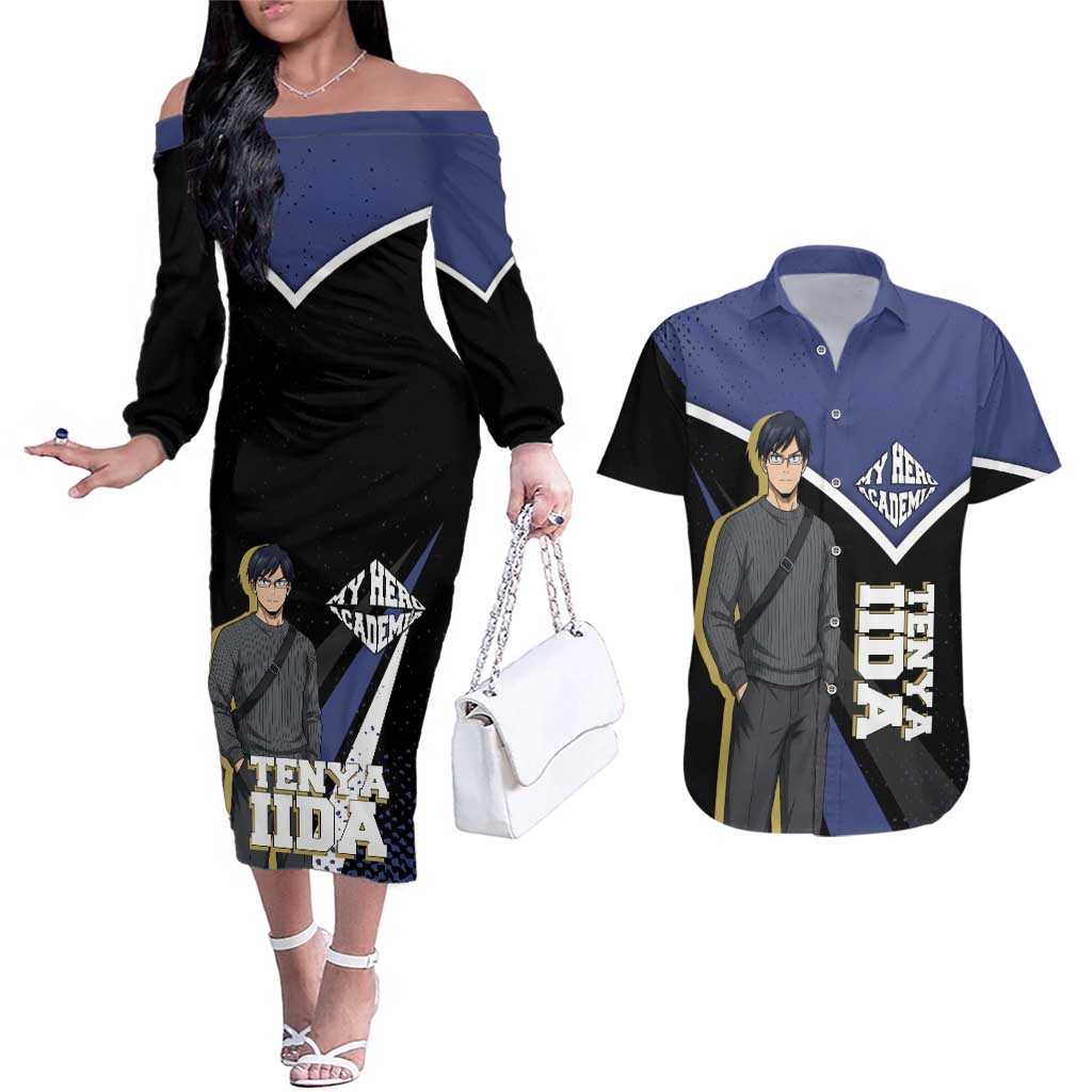Tenya Iida My Hero Academia Couples Matching Off The Shoulder Long Sleeve Dress and Hawaiian Shirt Anime Grunge Splatter Graphic Style